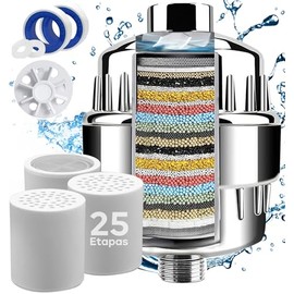 25 Etapas Filtro de Agua para Regadera Baño,3 PCS Cartuchos de Filtro Reemplazable,Sanate Filtro de Ducha Agua Dura con 1 Ventilador de Desvío,Elimina Cloro Impurezas y Olores,Mejora Piel Cabello Uñas