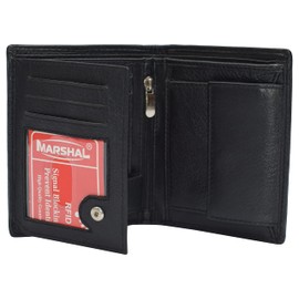 MARSHAL Genuine Leather RFID Signal Blocking Wallets For Men - Large Capacity - Hipster Bifold Multi Credit Card Holder (Black)