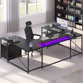 DWVO U Shaped Desk with Drawers, 79" Reversible L Shaped Desk with Power Outlets & LED Lights, Corner Computer with Monitor Stand & Storage Shelves, Black