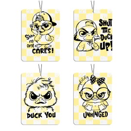 AgriFusion Tech Sassy Duck Car Air Freshener 4 Pcs, Yellow Checkered Angry Bird Hanging Decor for Women Teens, Vehicles Home Office, Edgy Funky Mirror Accessory Gift