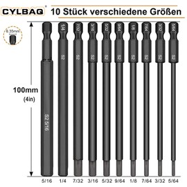CYLBAQ Hex Screwdriver Bit Set Long 100 mm, 1/4 Inch Magnetic Allen Key, S2 Hex Head Drill Bit, Allen Key Hex (5/64 inch, 7/64 inch, 1/8 inch, 9/64 inch, 5/32 inch, 3/16 inch, 7/32 inch, 5/16 inch)