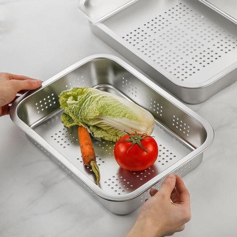 Stainless Steel Draining Rectangular Basin Vegetable Washing Drying Filter Basket