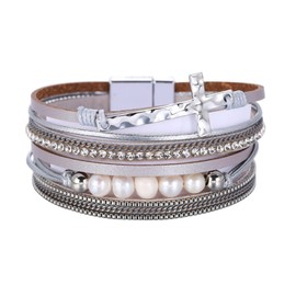 Leather Bracelets for Women Multilayer Leather Wrap Bracelet Pearl Cross Leather Bracelet Bohemian Wristband for Women Christmas Stocking Stuffers for Teens