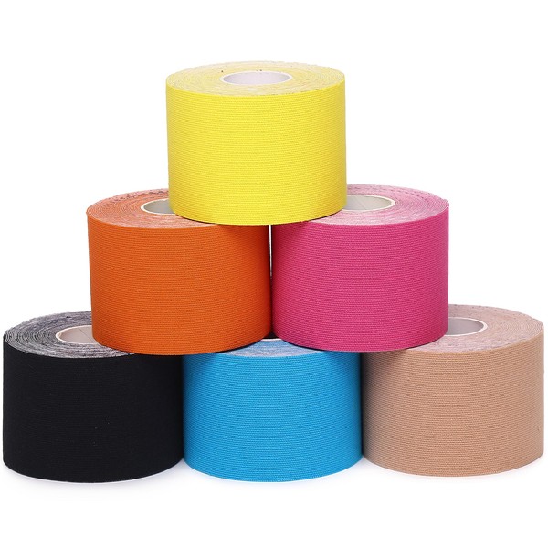 Kinesiotapes 6 Rolls Waterproof Kinesiology Tape Physio Tape for Injured Muscle Recovery & Joint Support, 5 cm x 5 m per Roll (Multi-Colour)