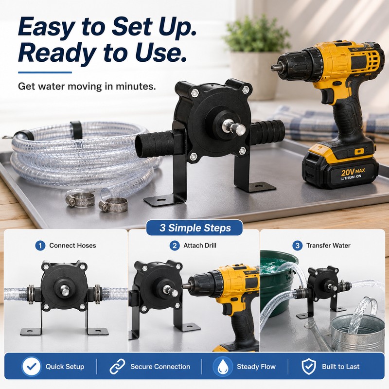 Drill-Powered Water Pump for Transfers – Portable Self-Priming Pump for
