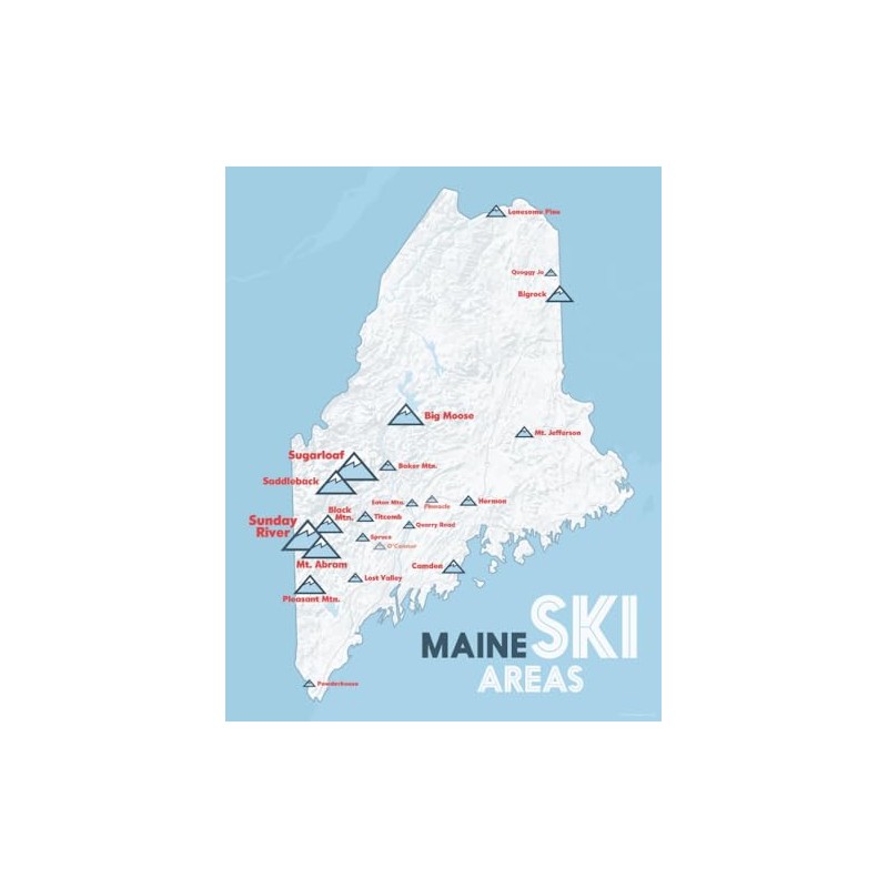 Maine Ski Resorts Map 11x14 Print (White & Light Blue)