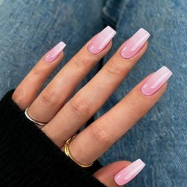 Uñas francesas cuadradas largas, uñas postizas ombré de ataúd mediano, uñas acrílicas de cobertura completa con pegamento, reutilizables, fáciles de a