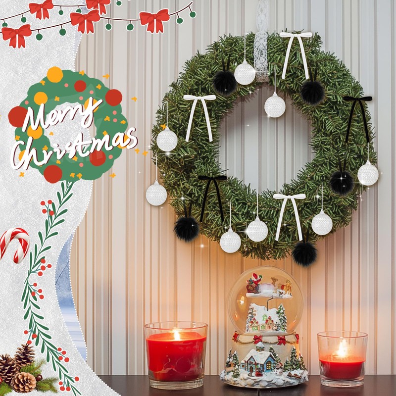 64 Pcs Christmas Ornament Plush Sequins Balls Bows, Black,White