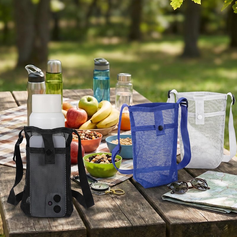 3 PCS Mesh Water Bottle Holder with Strap and Pocket,