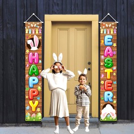 Easter Party Supplies-Happy Easter Porch Sign Banner,2PCS Hello Peeps Front Door Welcome Banner for Spring Theme Easter Bunny Door Decoration (Porch)
