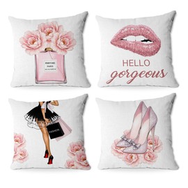 BQXH 4Pcs Pink Pillow Covers, Fashion Woman Watercolor Perfume High Heels Lipstick Throw Pillow Square Cushion Covers 18x18 inch Living Room Home Girls Room Decor for Car Bed Couch