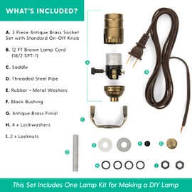 Lamp Base Socket Kit - Electrical Wiring Set for Making, Repairing and Repurposing Lamps - Rewire a Vintage Lamp or Create a Custom Light From Scratch - Antique Brass Socket - 12 Foot Long Brown Cord