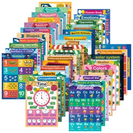 35 Pcs Educational Posters for Preschoolers, Toddlers 11.7 x 16.5 inches Waterproof All-in-One Educational Charts n Posters Set for Classroom & Homeschool 1st, 2nd, 3rd, 4th & 5th Grade