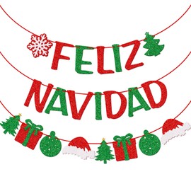 Qttier Feliz Navidad Banner with Christmas Sign Garland, Pre-strung Spanish Merry Christmas Banner, Christmas Party Decorations for Home Office Fireplace Mantel, Red and Green Glitter