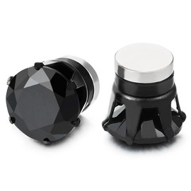 Mens Womens Magnetic Black Cubic Zirconia Stud Earrings Steel, Non-Piercing Clip On Cheater Fake Ear, Cubic Zirconia