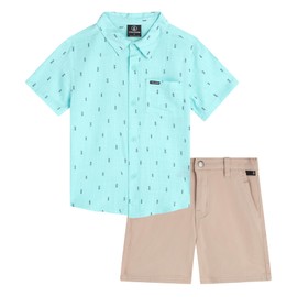 Volcom Toddler Boy Shorts Set - 2 Piece Short Sleeve Button Down Dress Shirts and Twill Shorts - Toddler Boys Summer Outfits, Size 7, Blue/Khaki