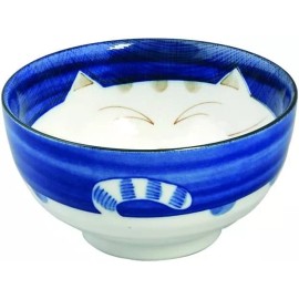 Porcelain Rice Soup 5 inch Bowl Made in Japan Blue Cat Maneki Neko Pattern 2471