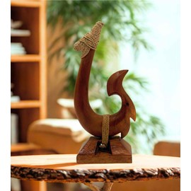 7" Hand Carved Wood Hawaiian Makau Fish Hook on Base