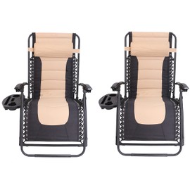 BTEXPERT Oversized Padded Zero Gravity Chair Folding Recliner Chaise Lounge Outdoor Garden Utility XL Anti-Gravity Lounger, Side Tray Cup Holder, Headrest Pillow (Set of 2 Tan Black) (5196-2)