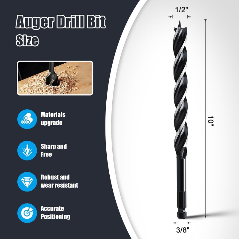 1/2" x 10" Auger Drill Bit for Wood, Hex Shank
