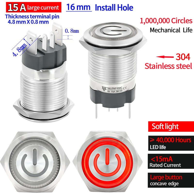 UL Listed 15 Amp Momentary Push Button Switch 16mm 5/8"