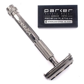 Cuchilla de afeitar de seguridad Parker modelo 60R con doble filo y mariposa abierta y 5 cuchillas de afeitar de platino de calidad superior