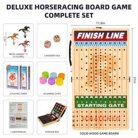 Silkchio 21 Inches Horse Race Board Game, Horse Racing Game with Cards and Dice, 11 Metal Horses, 60 Pcs Poker Chips Set, Solid Wood Across The Board Horse Race Game for Adults Family Friends