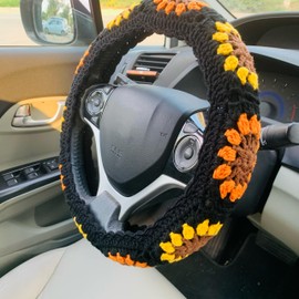Funda para volante OnEternal hecha a mano de ganchillo, color negro, para cinturón de seguridad de girasol, accesorios para interiores de coche. (Funda para volante)