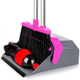 Duraone Broom and Dustpan Set, Broom with Dustpan Combo Set, Broom with Standing Dustpan, Dustpan with 51'' Long Handle, Broom and Dust Pan Set Heavy Duty for Kitchen Garage Looby Office - Rose Red