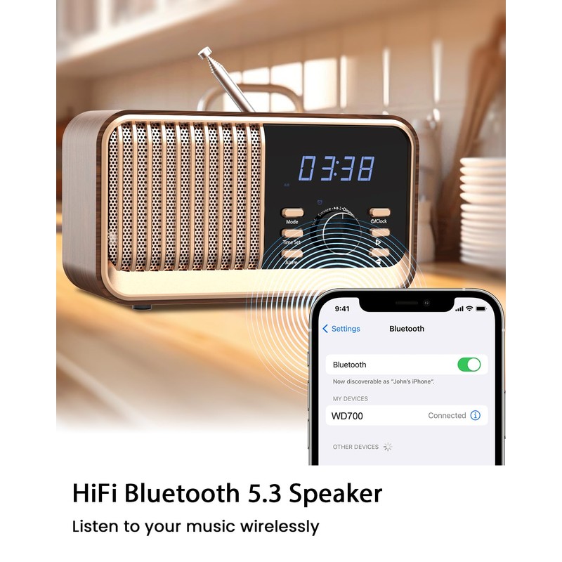 MONODEAL Alarm Clock Radio with Fast Wireless Charging,Support Bluetooth 5.3/FM