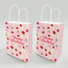 Strawberry Party Paper Gift Bags with Handles , 2 Styles Party Favor Bags for Red Pink Strawberry Birthday Party Decorations, Goody Bags Candy Gift Bags for Berry Sweet Baby Shower Birthday Wedding Party Supplies