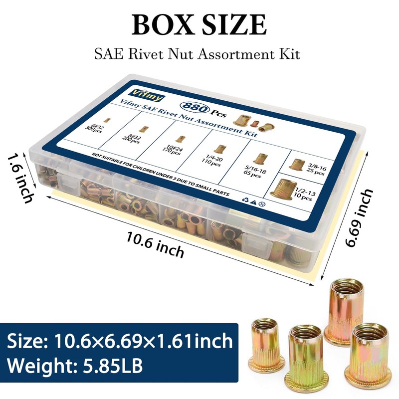 Vifmy SAE Rivet Nut Assortment Kit(880 Pcs), #6-32#8-32#10-24 1/4"-20 5/16"-18