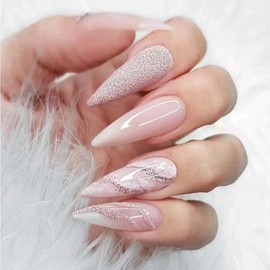 ANDGING Pink Stiletto Press on Nails Long Fake Nails Fake Nails for Women with Glitter Marble Grain Design Cute Gel False Nails Reusable Full Cover stick on nail for Wedding Birthday 24Pcs