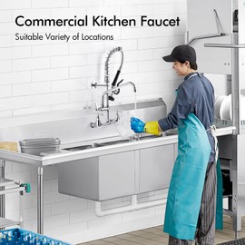 Double Handle Pre-Rinse Commercial Kitchen Faucet with Ceramic Valve 8" Center Wallmount Base Lever Handles and Pull Out Spray with 9.6" Add-on Swing Spout 25" Height Faucet