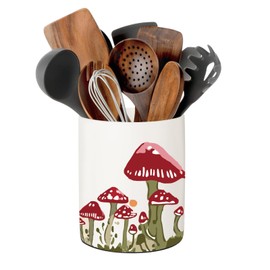 BOXJINCO Mushroom Kitchen Decor, Ceramic Utensil Holder Bee Decor, 6.5 Inch Farmhouse Indoor Kitchen Decorative Utensil Rack For Spoon Storage and Cooking Tools