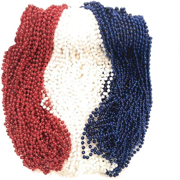 Red, White, and Blue Patriotic Mardi Gras Beads 33 inch 7mm, 6 Dozen, 72 Necklaces