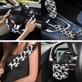 Yspwyqan 10 Pcs Cow Print Car Accessories Set Black Steering Wheel Cover,Shoulder Pad,Air Vent Storage,Handbrake and Shift Protector,Key Chain,Cup Holder Decorative Car Part Set