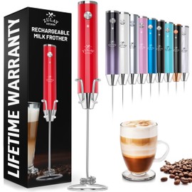 Zulay Kitchen Lux Rechargeable Milk Frother Handheld - Powerful 2-Speed Motor, Fully Waterproof, 2000mAh Battery - Drink Mixer For Latte, Cappuccino, Matcha, Protein Powder - Red