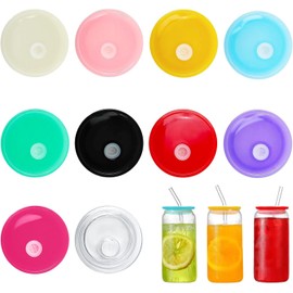 10 Pcs Acrylic Lids,Acrylic Lids and Glass Straws with Straw, Reusable Colorful Spill Proof Lids for 16 oz Glass Cups with Lids,Plastic Glass Can Lids with Acrylic Lids,Replacement Lids