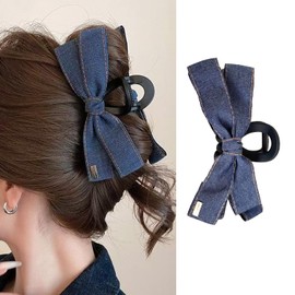 Bow Hair Clips for Women Blue Bow Clips for Hair Cute With Rhinestone Designs Denim Hair Claws Summer Clamp Clips for Women Large Hair Claw Clip Hair Clip for Thin Hair