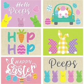 Haooryx 6Pcs Happy Easter Peeps Placemats Table Decoration Cute Truck Hip Hop Bunny Table Mats Easter Egg Rabbit Washable Place Mat Easter Spring Holiday Farmhouse Gathering Party Table Decor Supplies