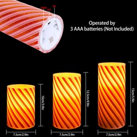 Whaline Christmas LED Flameless Candles Red Glitter Stripe Warm Light Battery Operated Pillar Candles Xmas Candy Cane Stripe Electric Flickering Candles for Party Home Decor, Set of 3