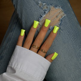 SXVME Neon Green Press On Nails Medium -Duck Press On Nails Short, Opaque Solid Neon Square Fake Nails with Glue, Fit Perfectly, Reusable Soft Gel Stick on Nails for Women, 24 Pcs