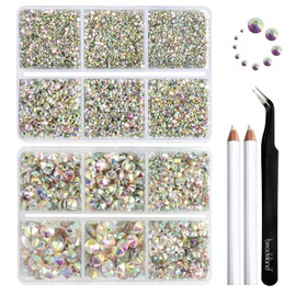 Beadsland 8300PCS Flatback Rhinestones, AB Crystal Rhinestone Round Crystal Rhinestones for Crafts, Mixed 10 Sizes with Wax Pencil and Tweezer Kit, SS3-SS30, Crystal AB