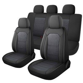 CAROMOP Premium PU Leather&Flannel Car Seat Covers Full Seats,Split Bench Compatible Car Interior Covers, Universal Fit Most Car Sedan Truck SUV(5-Seat Black/Grey)