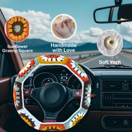 Handmade Steering Wheel Cover, Crochet Steering Wheel Cover, Sunflower Granny Square Wheel Cover, 14-15 inch, Universal fit，Boho Car Accessories, for Women and Girly (A Wheel Cover)