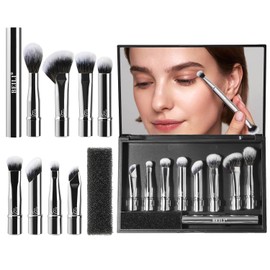 BEILI Travel Eye Makeup Brushes Set 8pcs Removable Double Sided Makeup Brush with Mirror Box & Removal Cleaner Sponge for Concealer Eyeshadow Contour Powder Blending Eyebrow Eyeliner Silver S103