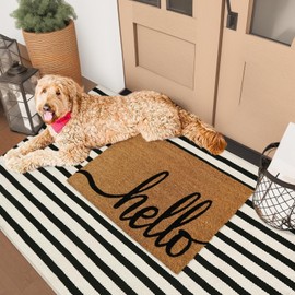 Sungea Striped Outdoor Rugs 3'x5', Cotton Hand Woven Rug Front Door Mat,Washable Reversible Layered Door Mats, Foldable Front Porch Rug for Entryway/Home Entrance/Farmhouse(Black and White)