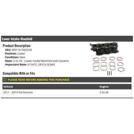 Lower Intake Manifold - with Gaskets - Compatible with 2011-2013 Kia Sorento 3.5L V6