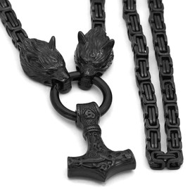 Viking Mjolnir Necklace Mens Black 316L Surgical Stainless Steel Geri Freki Wolf Byzantine Chain 28-inch